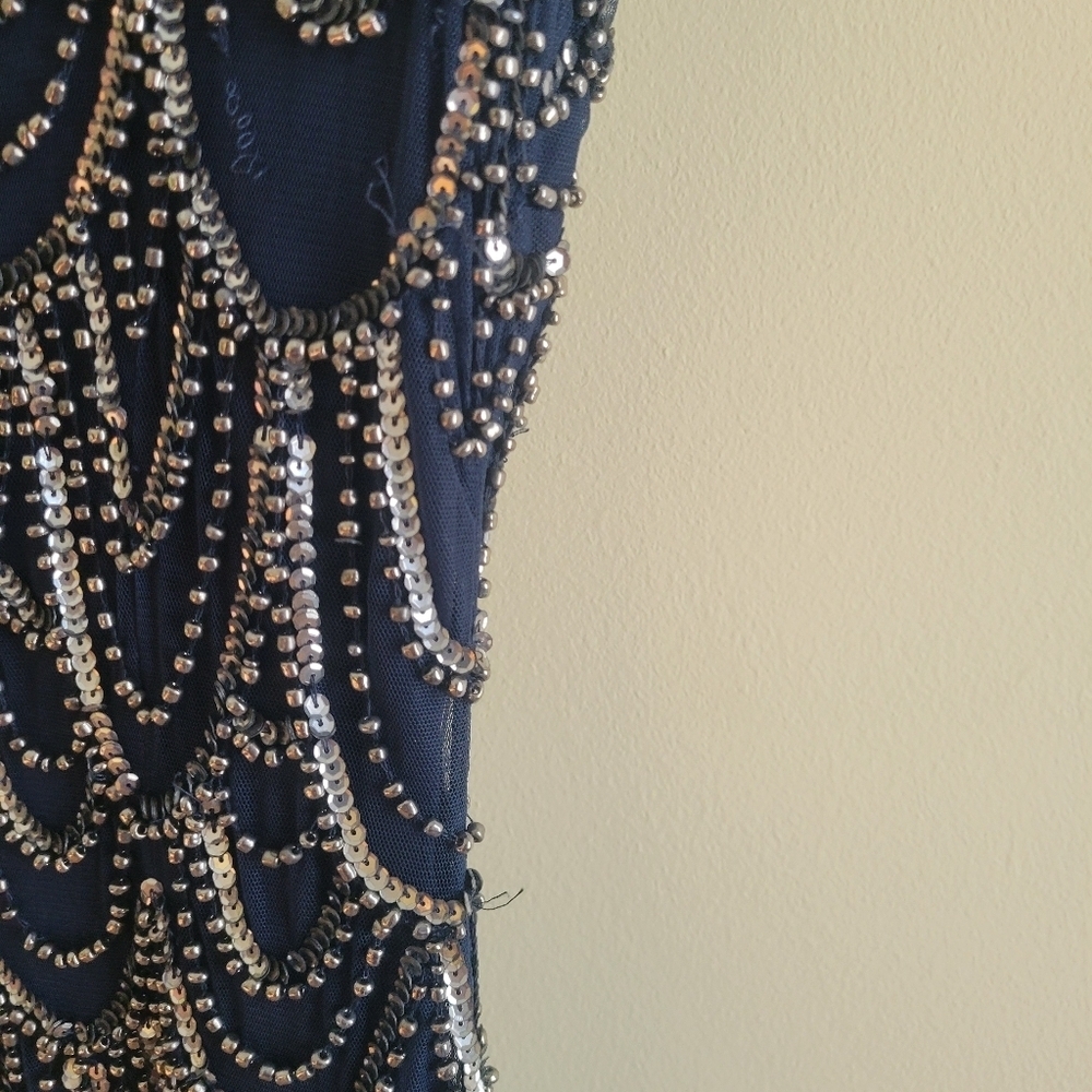Pisarro Nights Beaded Cocktail Dress Size 4 Navy Blue Silver Sleeveless Formal - Picture 6 of 10